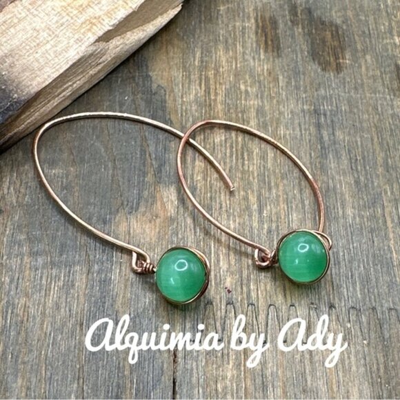 Cat's eye and copper extra long dangle earrings - Picture 1 of 3